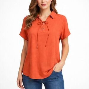COCO + CARMEN Orange Lace Up Collar Short Sleeve Shirt Top S/M Coastal Bohemian